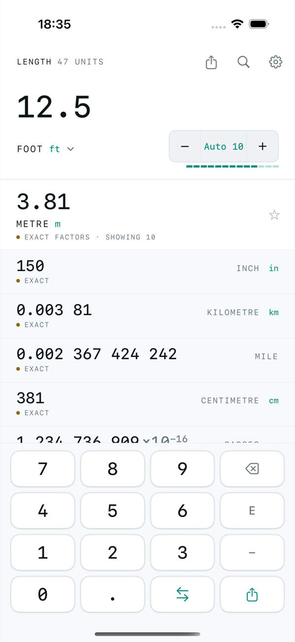 OmniCon on an iPhone: 12.5 foot typed at the top, with metre, inch, kilometre, mile and centimetre answered in a list beneath it