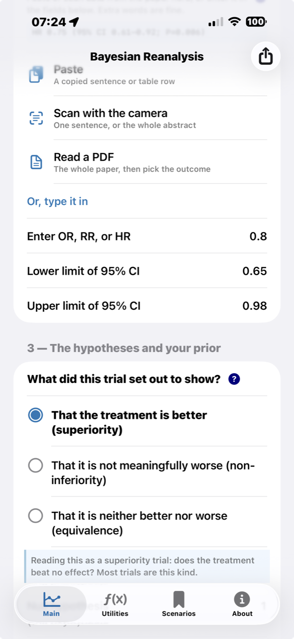 A trial's result as the paper printed it: an odds ratio of 0.8 with its 95% confidence interval, and what the trial set out to show.